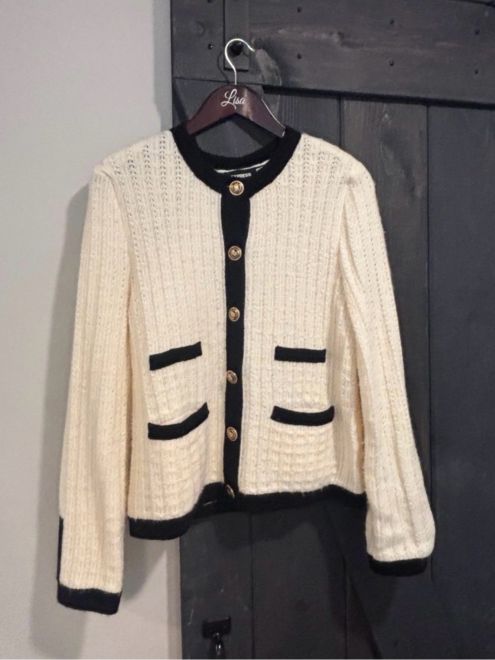 Express Classic Cream & Black Trim Knit Cardigan sweater